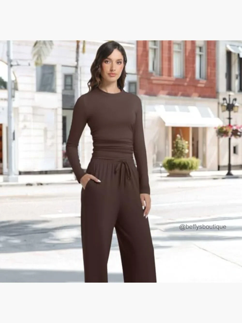 Women's 2-Piece Lounge Set Long Sleeve Wide Leg Joggers Soft Rayon Spandex - Picture 4 of 7